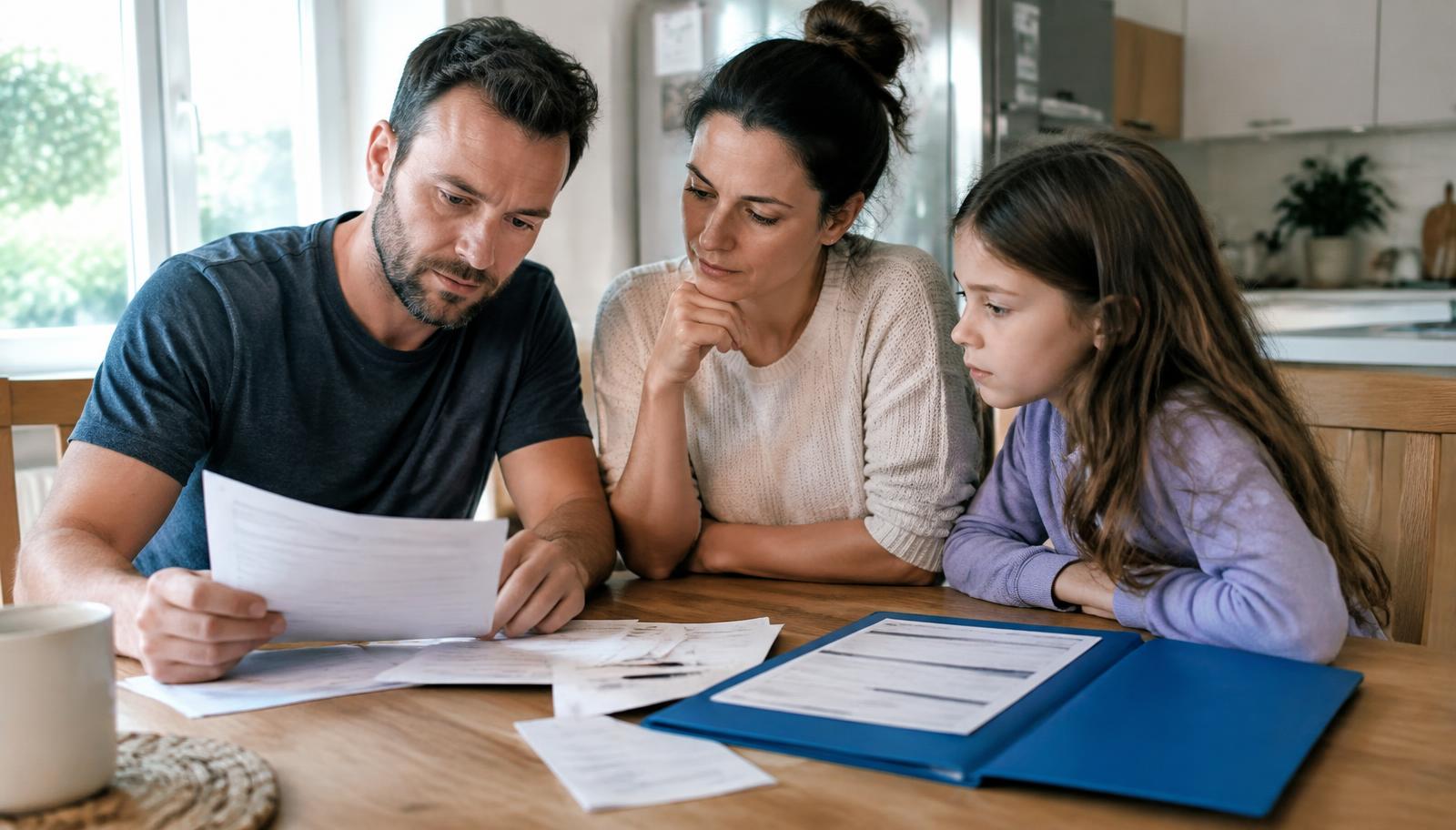 Famiglia esamina bollette e moduli per i bonus al tavolo di casa