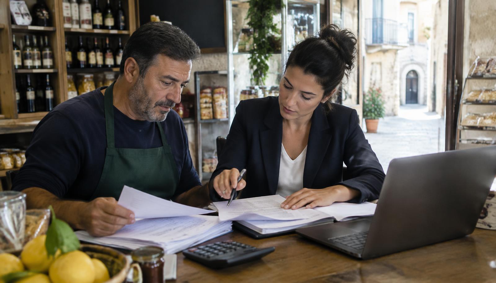 Titolare di un negozio esamina la contabilità con la consulente